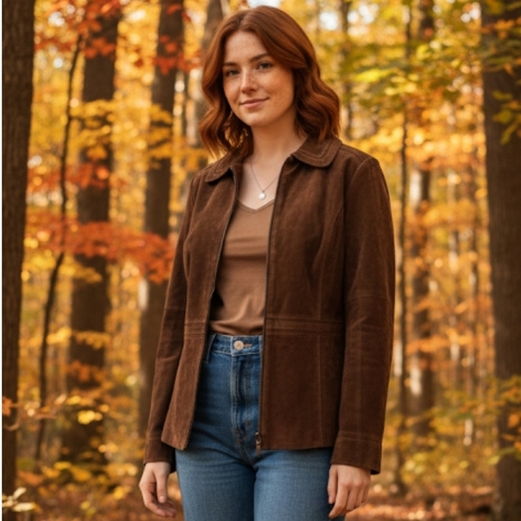 Vintage novelti Suede Jacket Full Zip Brown Size Medium Coastal Cowgirl - Picture 1 of 16